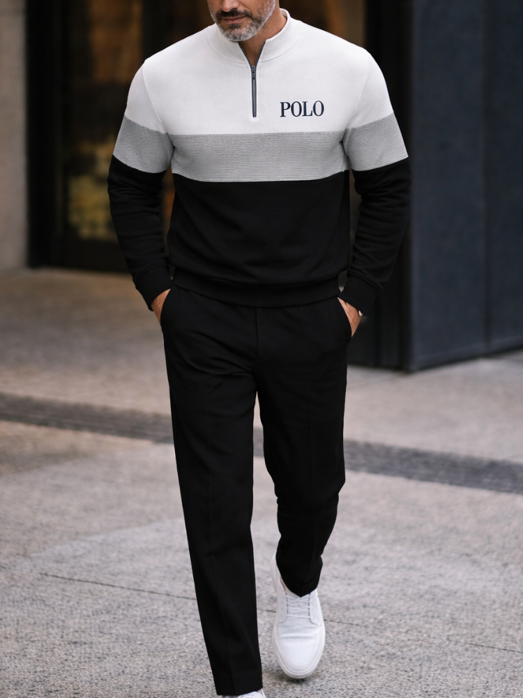 POLO Zipper Long Sleeve Long Pants Two-Piece Set