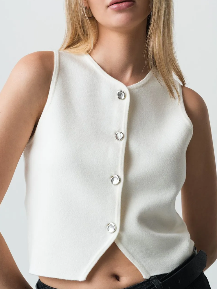 LANAH - Knit Sleeveless Vest Cropped Button