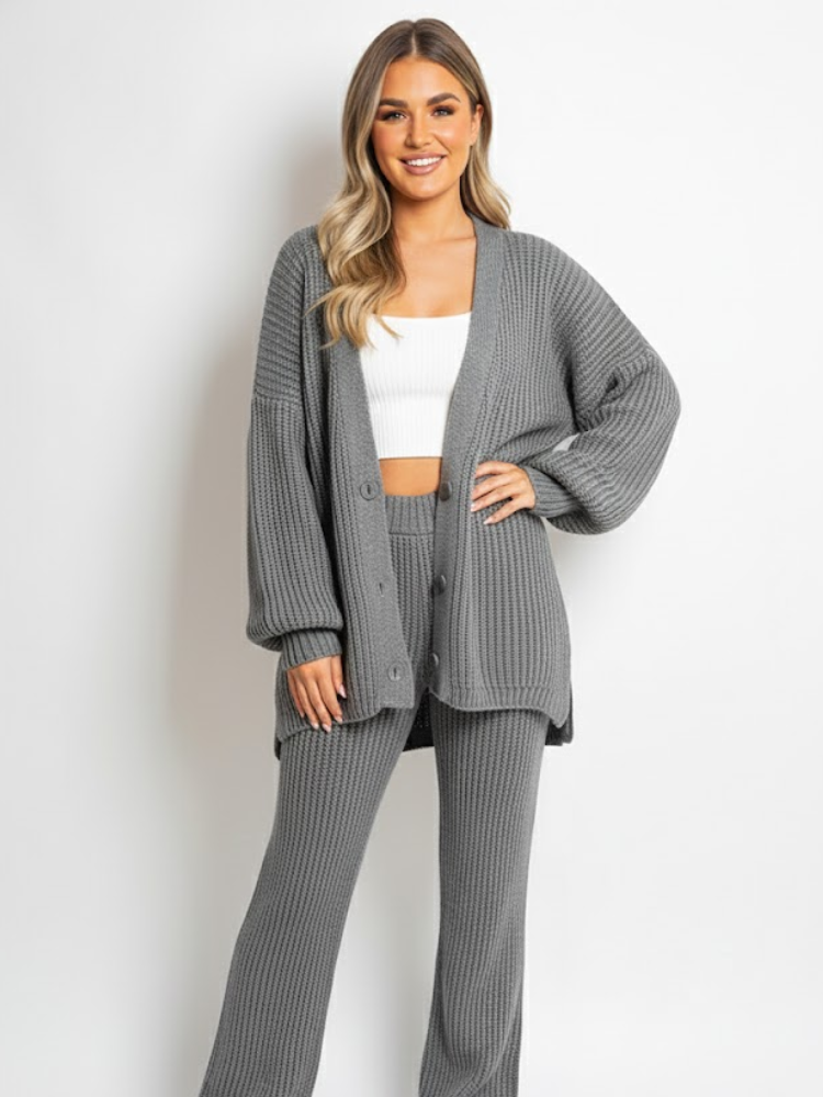 Emma - Knitted Button Up Cardigan Wide Leg Trousers Co-ord Set