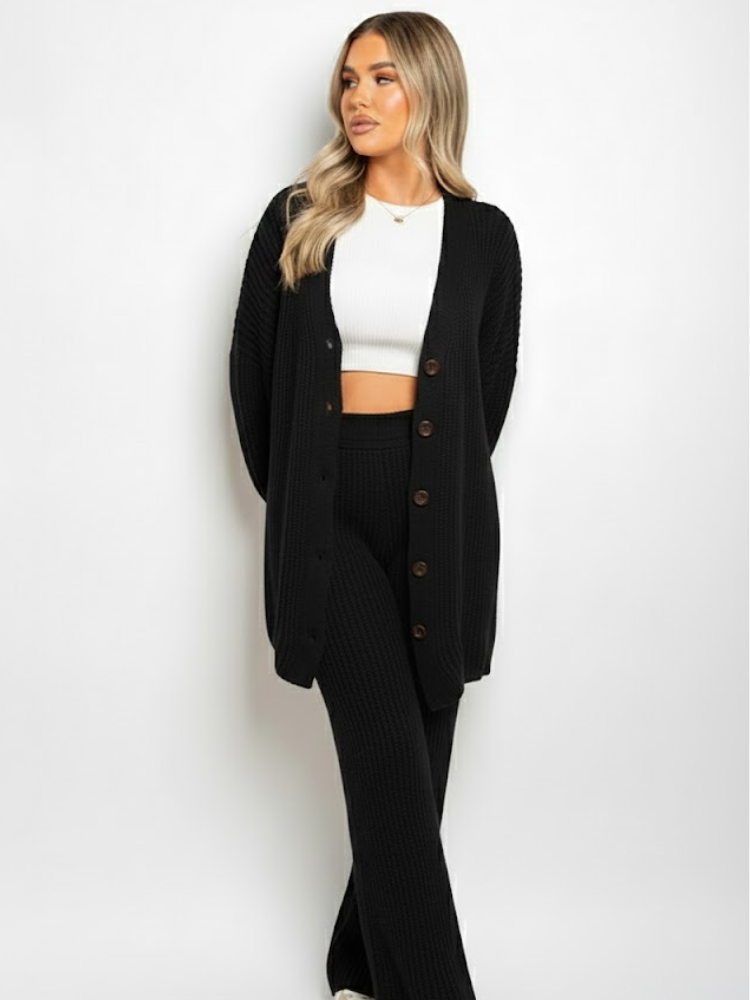 Emma - Knitted Button Up Cardigan Wide Leg Trousers Co-ord Set