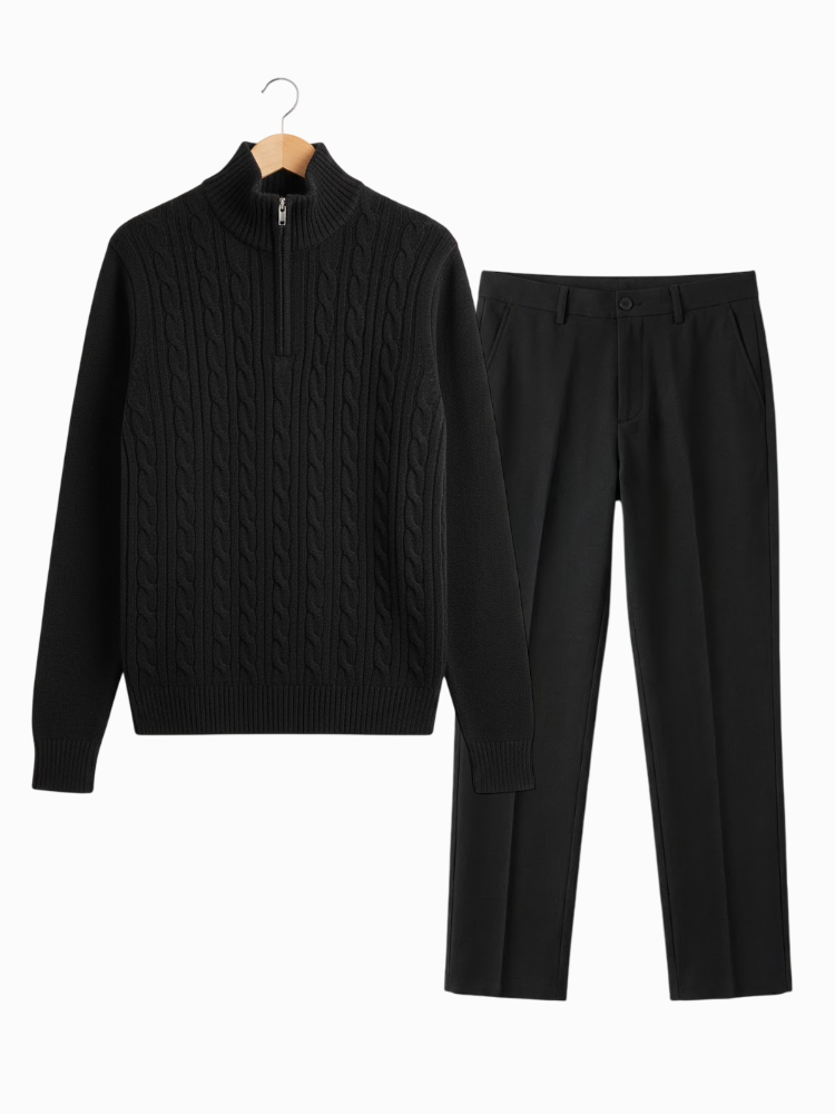 Caliah - Elegant Winter Set Casual Trousers and Texturized Zip Sweater