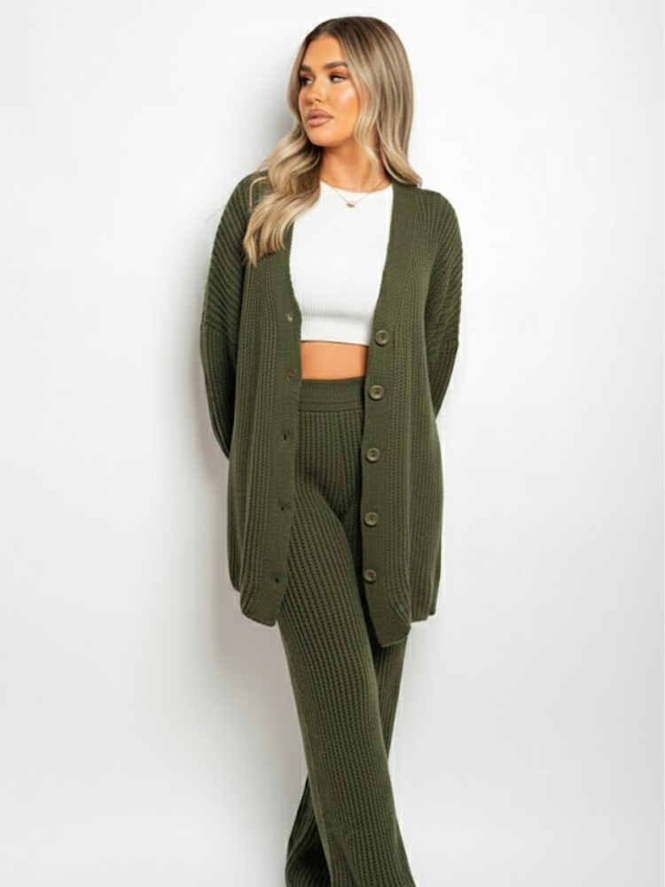 Emma - Knitted Button Up Cardigan Wide Leg Trousers Co-ord Set