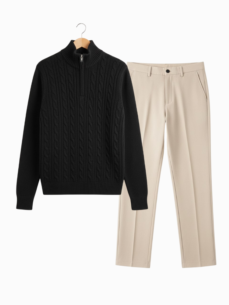 Caliah - Elegant Winter Set Casual Trousers and Texturized Zip Sweater