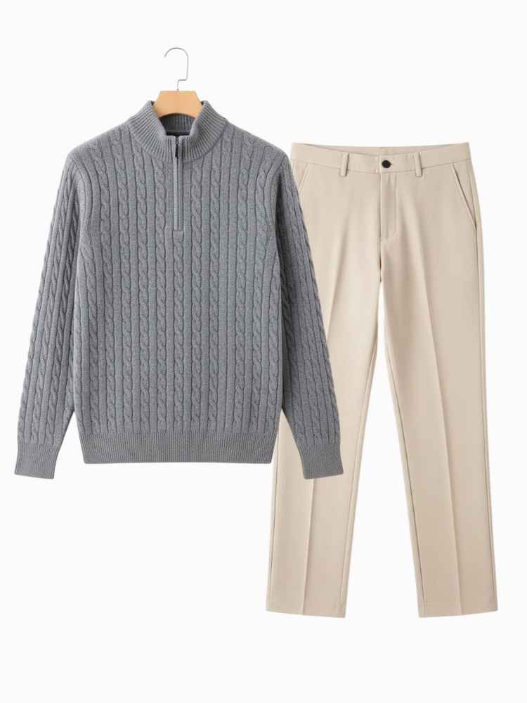 Caliah - Elegant Winter Set Casual Trousers and Texturized Zip Sweater