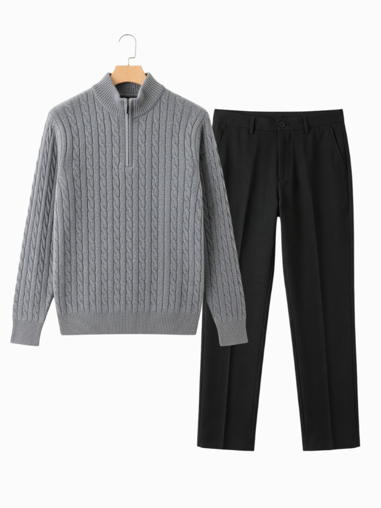 Caliah - Elegant Winter Set Casual Trousers and Texturized Zip Sweater