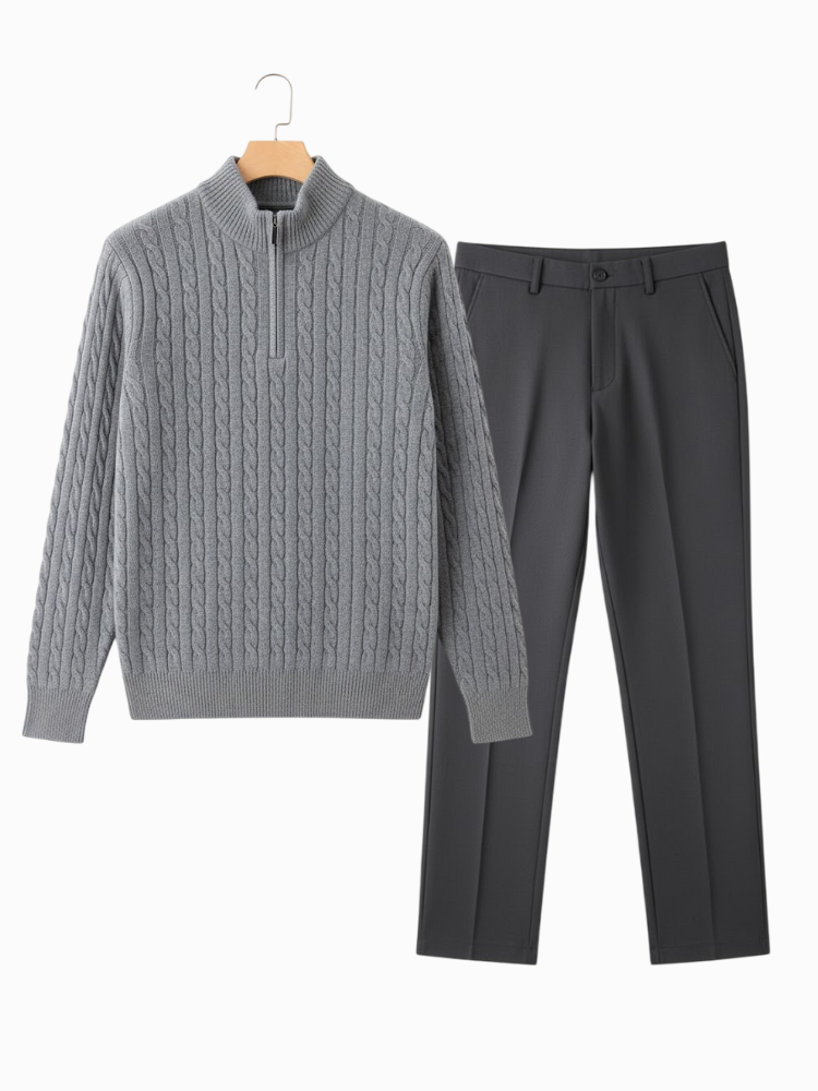 Caliah - Elegant Winter Set Casual Trousers and Texturized Zip Sweater