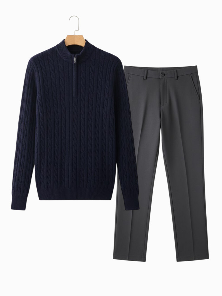 Caliah - Elegant Winter Set Casual Trousers and Texturized Zip Sweater