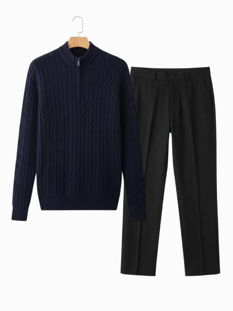 Caliah - Elegant Winter Set Casual Trousers and Texturized Zip Sweater