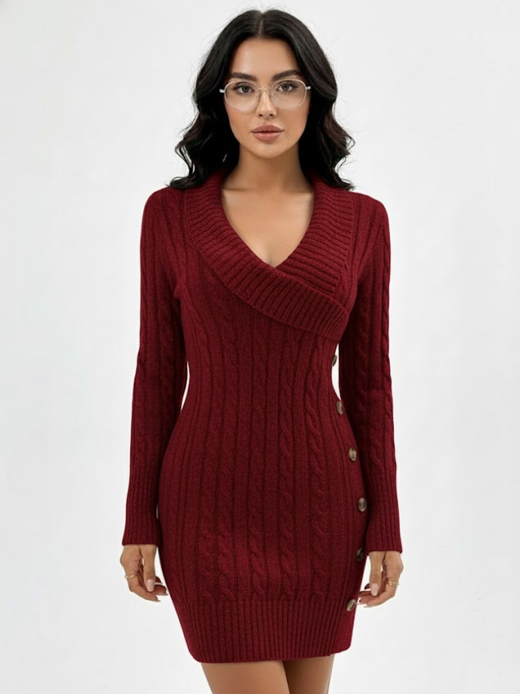 Caliah - Elegant Christmas V-Neck Sweater Dress